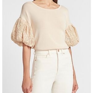Express Knit Short Lace Poet Sleeve Pullover Sweater Shirt Beige Women's Medium